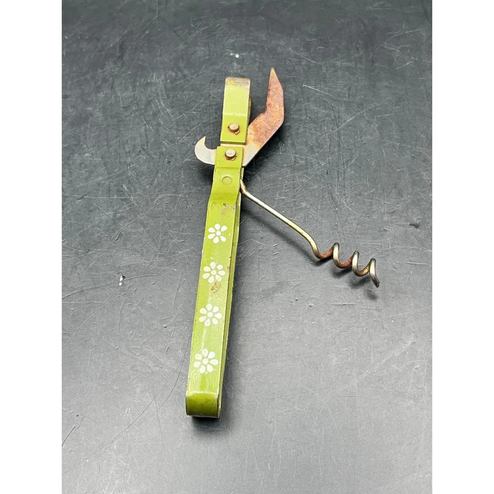 Vintage MCM Kitchen Multi Tool Can Bottle Opener Corkscrew Green Floral Retro‎